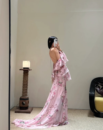 Flowy Pink A Line Spaghetti Strap Print Floral Chiffon Open Back Prom Dress Vacation Dress HZ1023